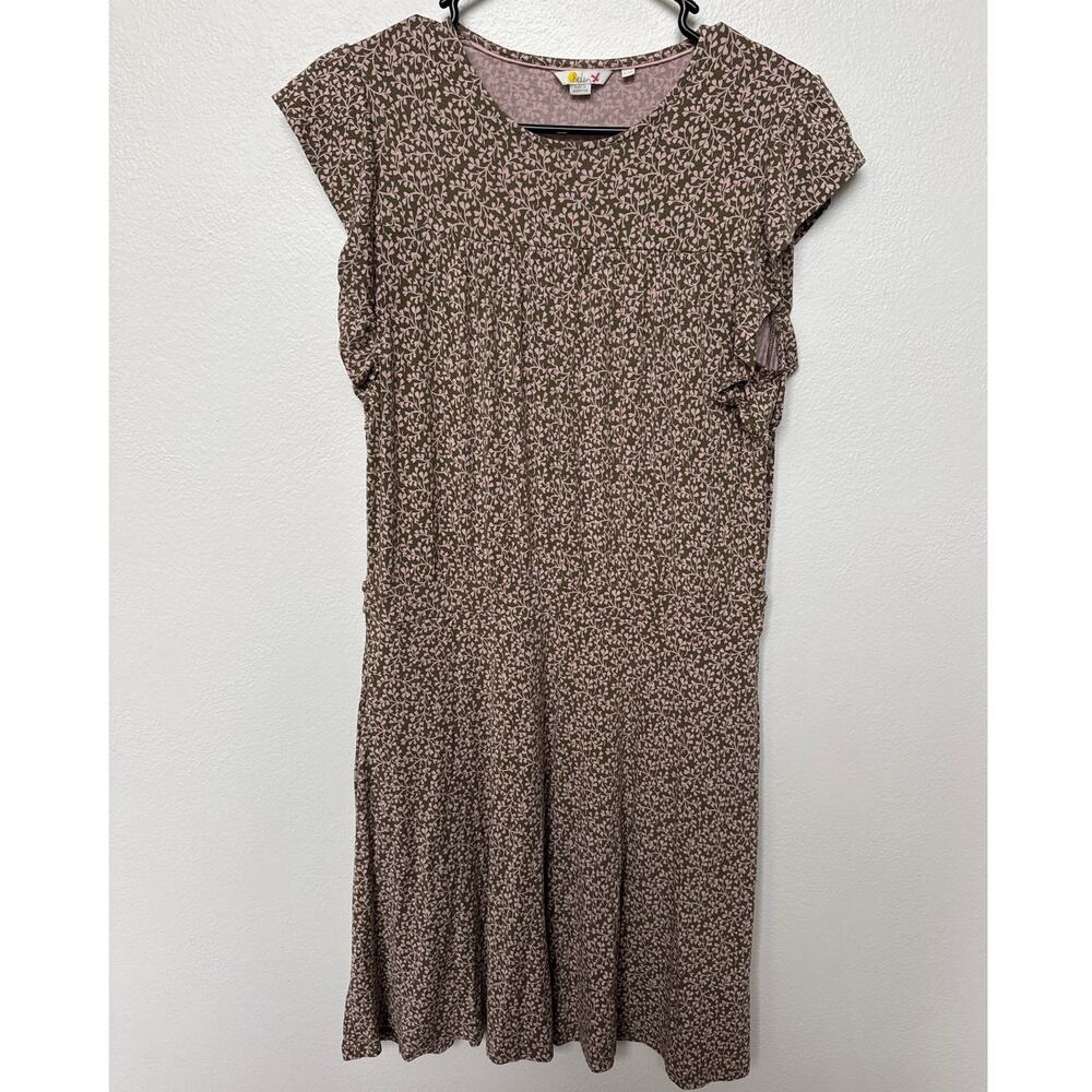 Boden Jersey Knit Flutter Sleeve Ditzy Floral Smocked Green Dress Pockets US 10